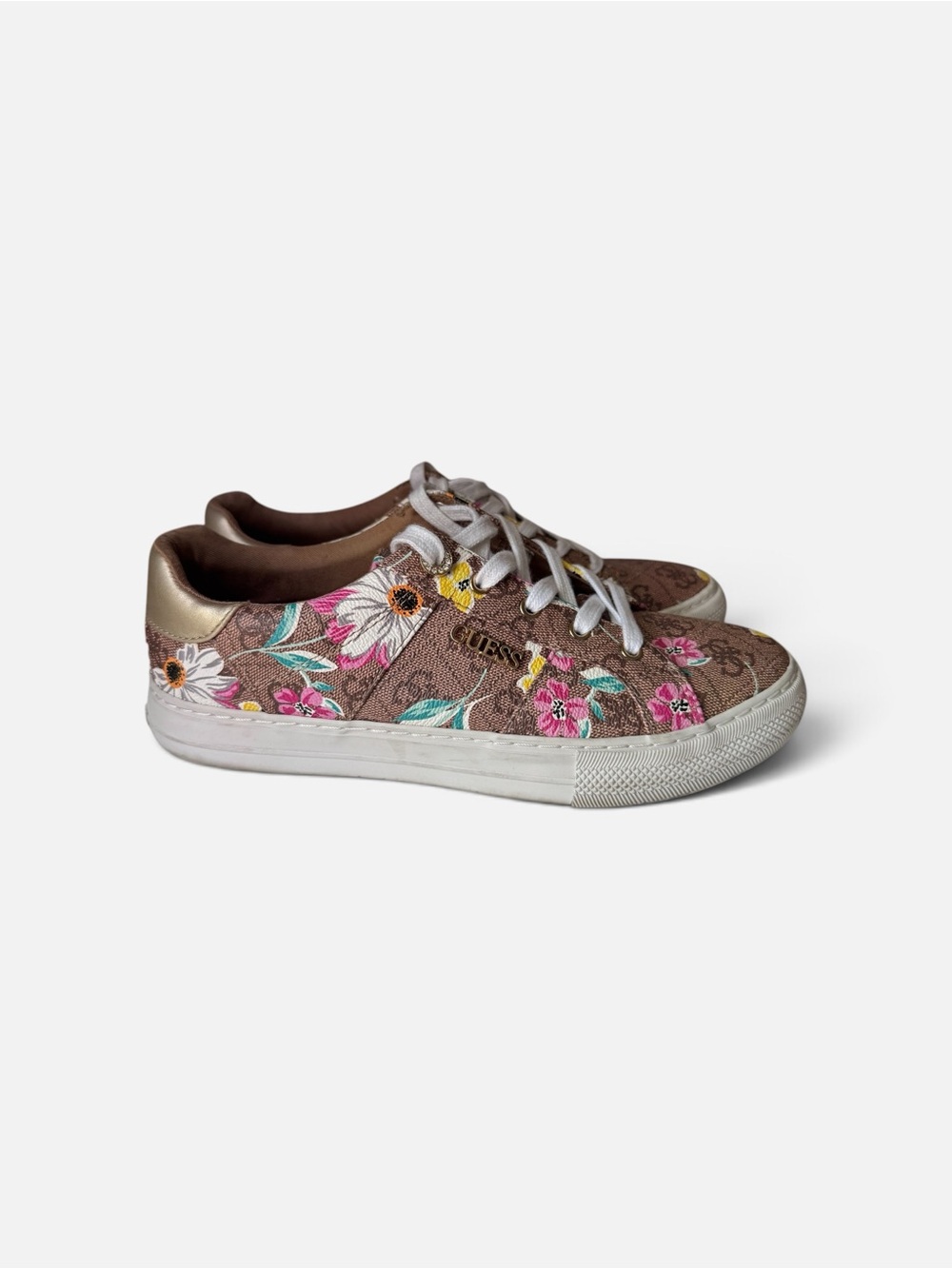 Guess Brown Floral Low-Top Sneakers with Pink & Teal Accents